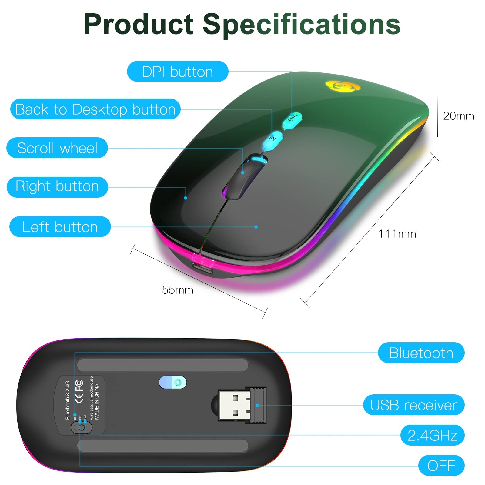 LED Wireless Mouse, Bluetooth Mouse &2.4GHz Instant Connection,Rechargeable U...
