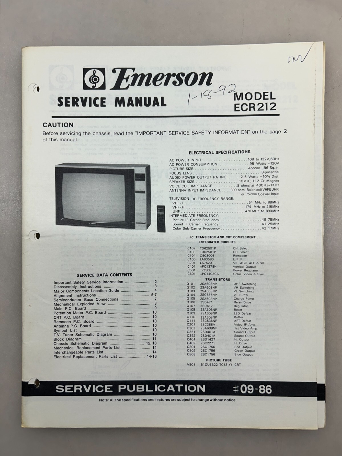 Emerson ECR-212 Original Service Manual Free Shipping