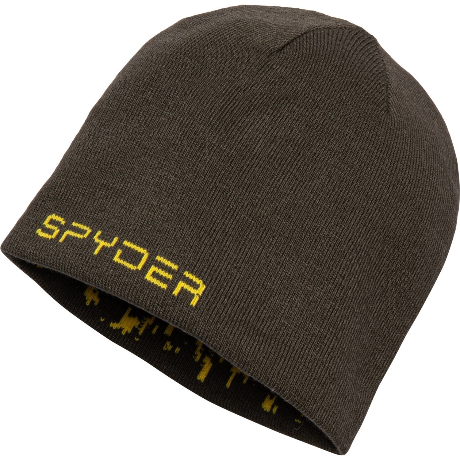 Spyder Youth Boys Reversible Olive/Yellow Print Knit Hat Beanie One Size