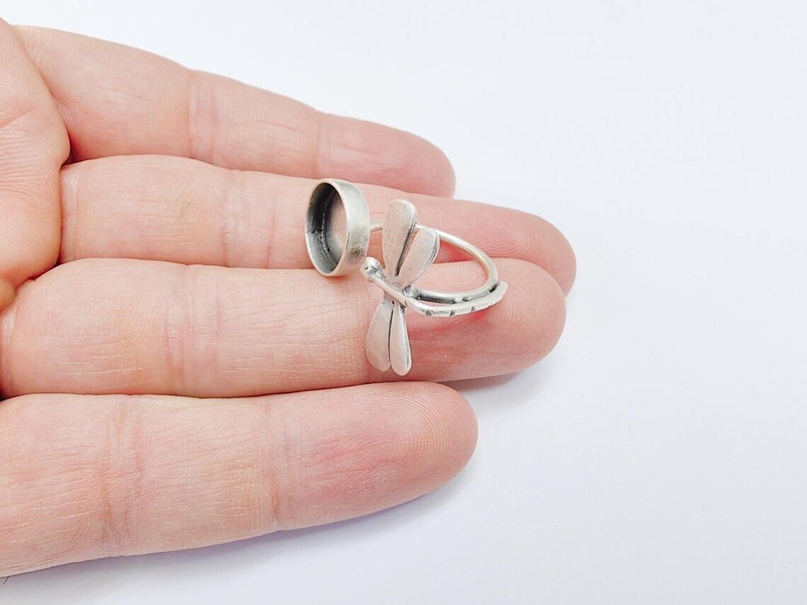 Dragonfly Silver Ring Setting Blank Cabochon Mounting Adjustable 12mm G36734
