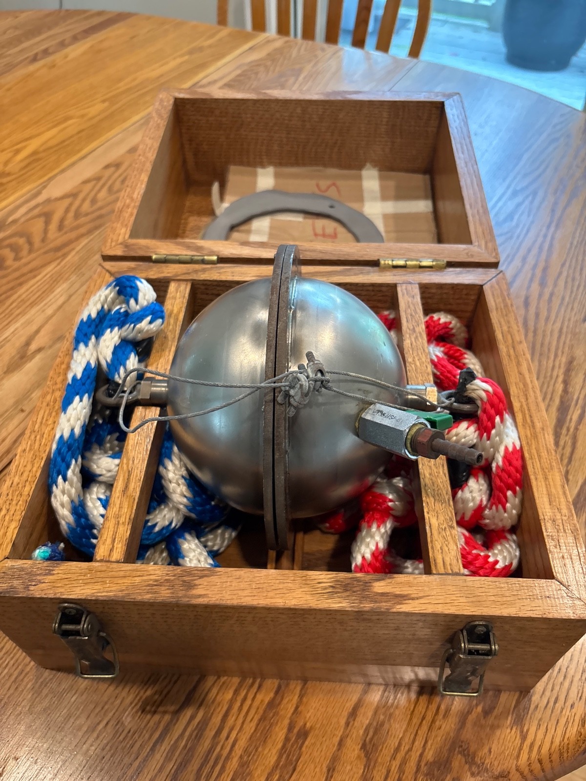 Custom built 6” diameter Magdeburg hemispheres with oak storage box