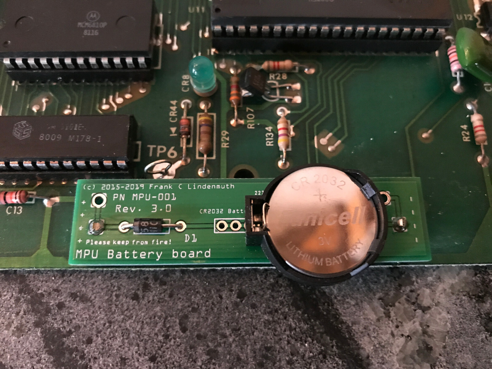 Frank's Battery Board CR2032 for Bally/Stern MPU 100/200 pinballs. BRAND NEW!