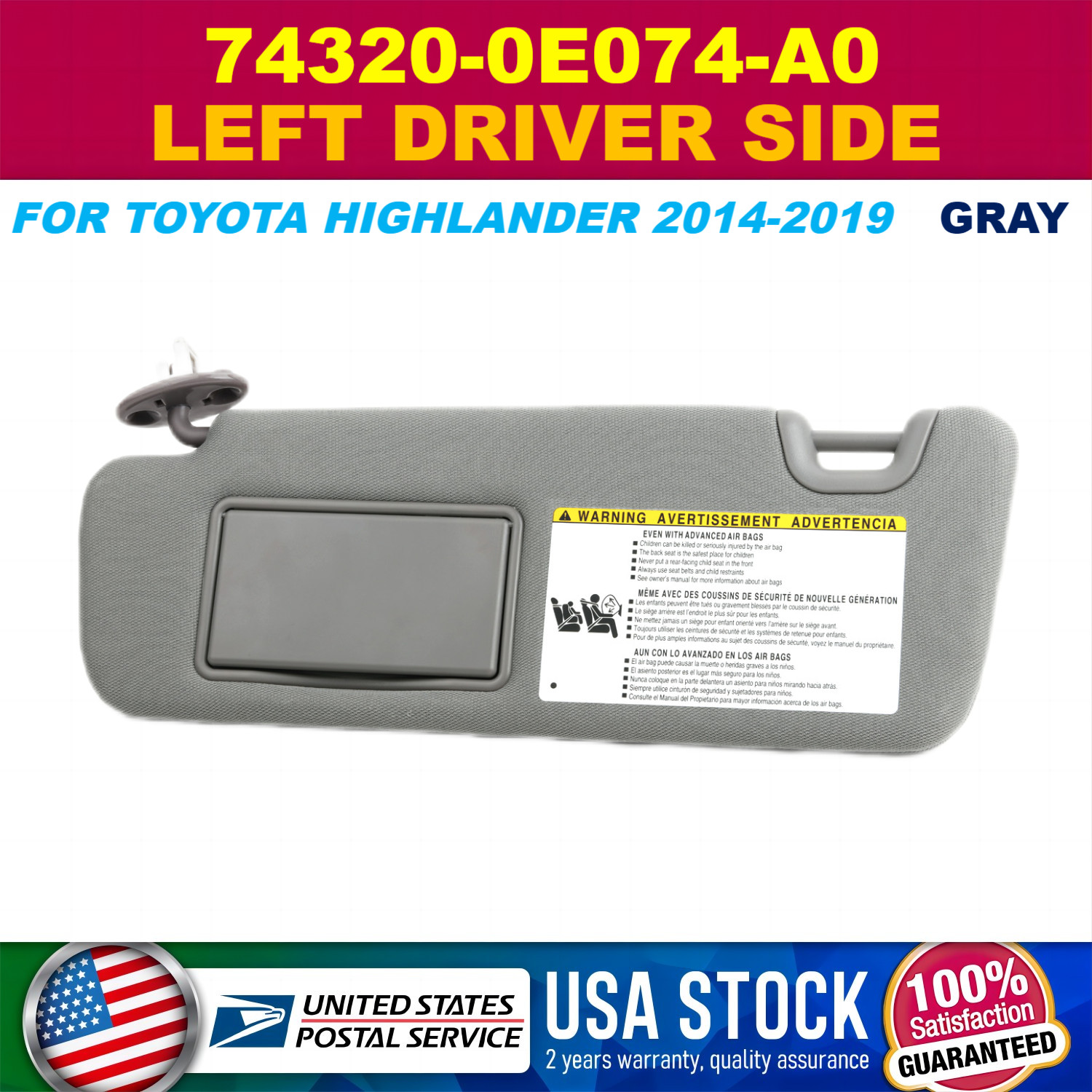 Genuine Car Sun Visor For Toyota Highlander Left Driver Side 74320-0E074-A0