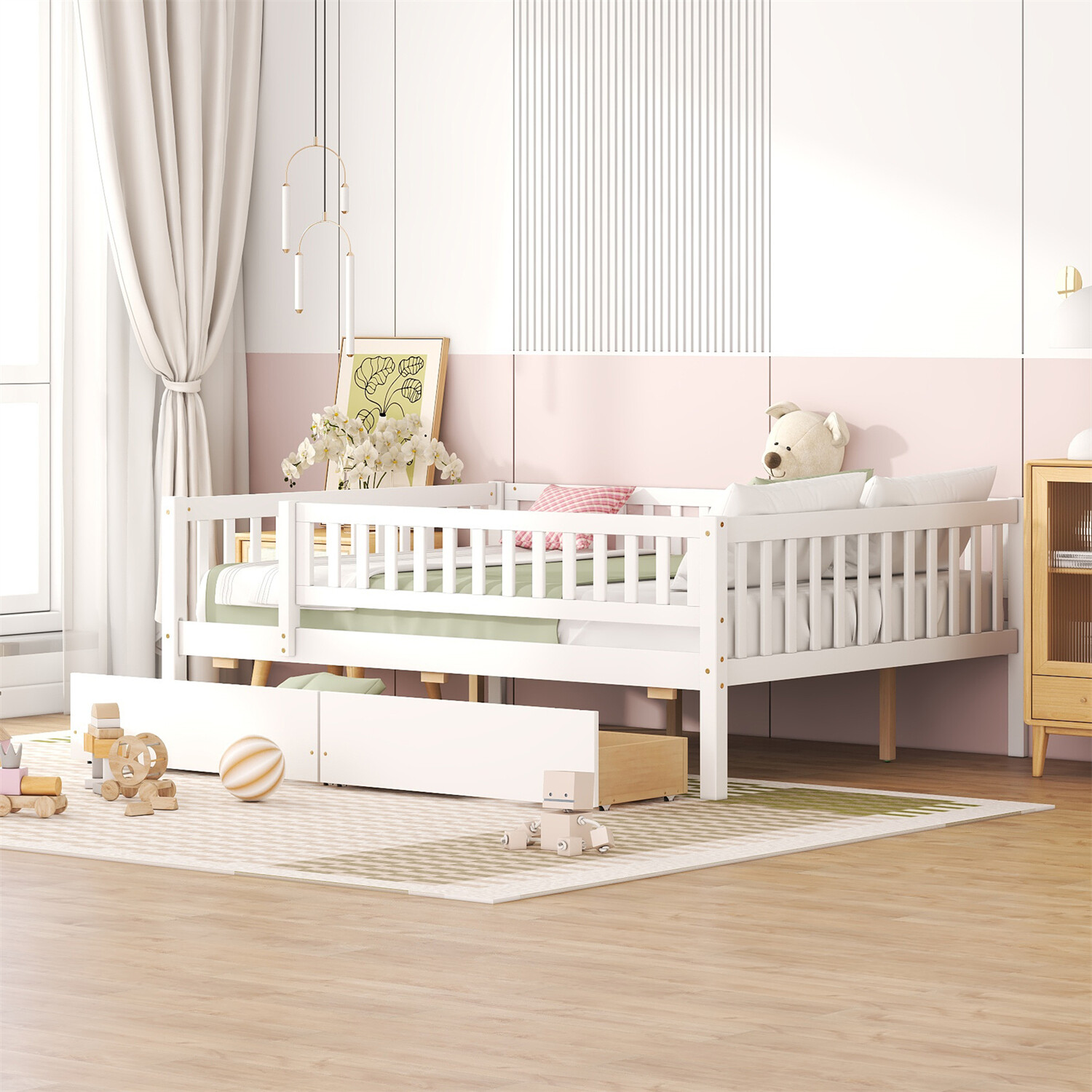 Full Size Daybed Wood Bed Frame Sofa Bed w/ 2 Drawers White/Gray/Natural/Walnut