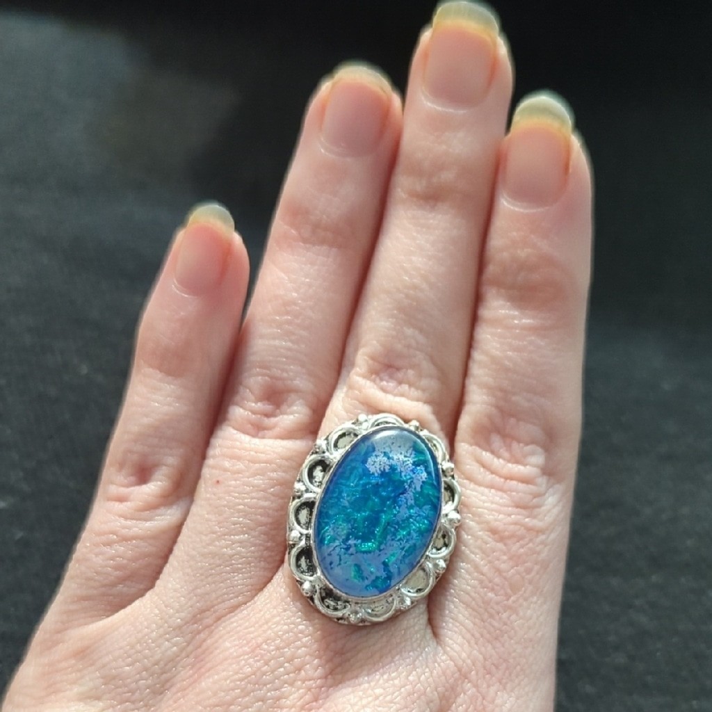 Silver Plated Blue Australian Triplet Opal Gemstone Statement Ring - Size 8.5