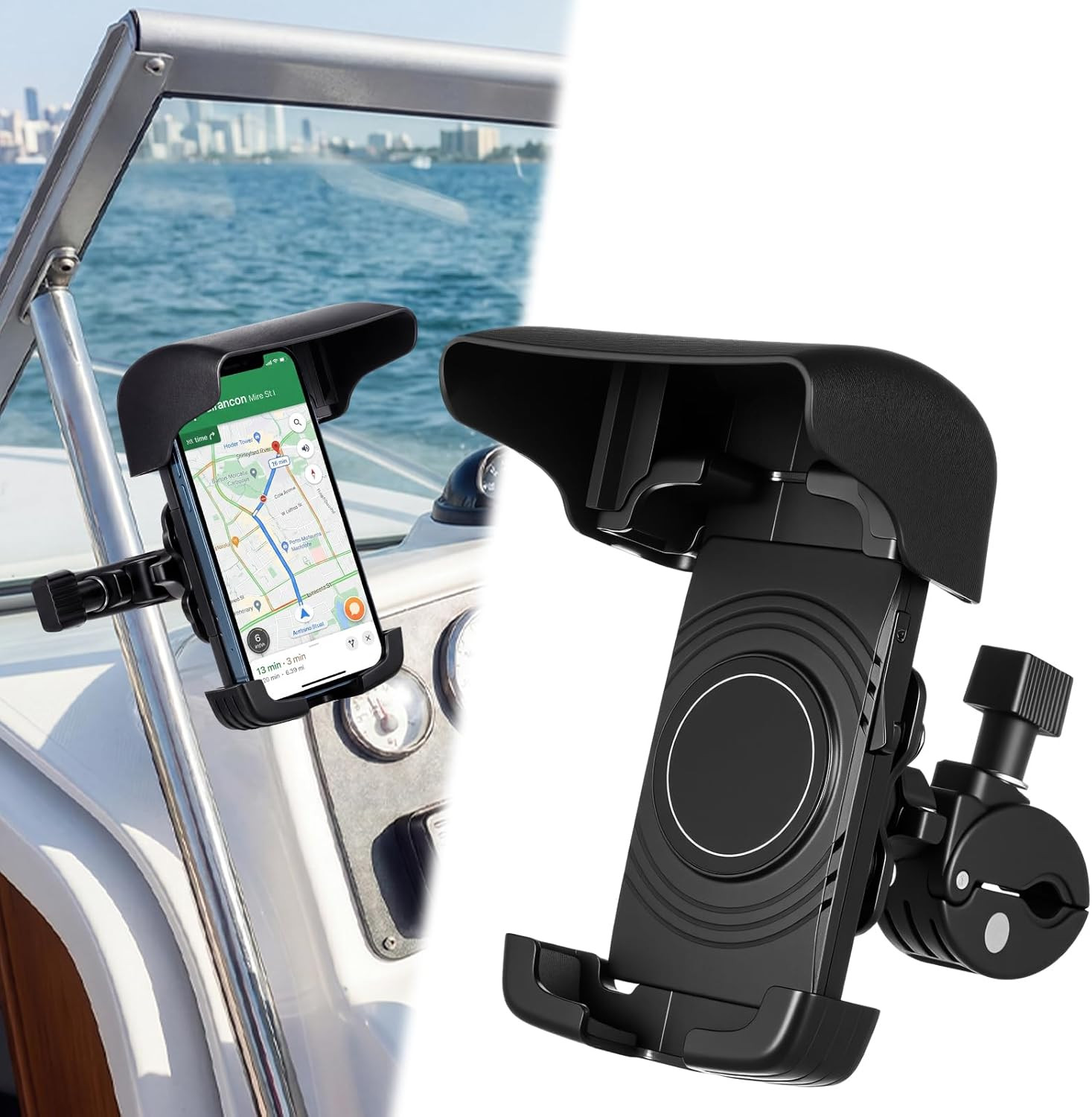 1 Pack Boat Phone Holder, Marine Cell Phone Holder with Sunshade, Black 360 Degr