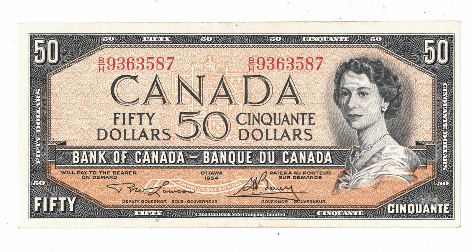 1954 Bank Of Canada 50$ Lawson/Bouey Modified B/H9363587 - AU -