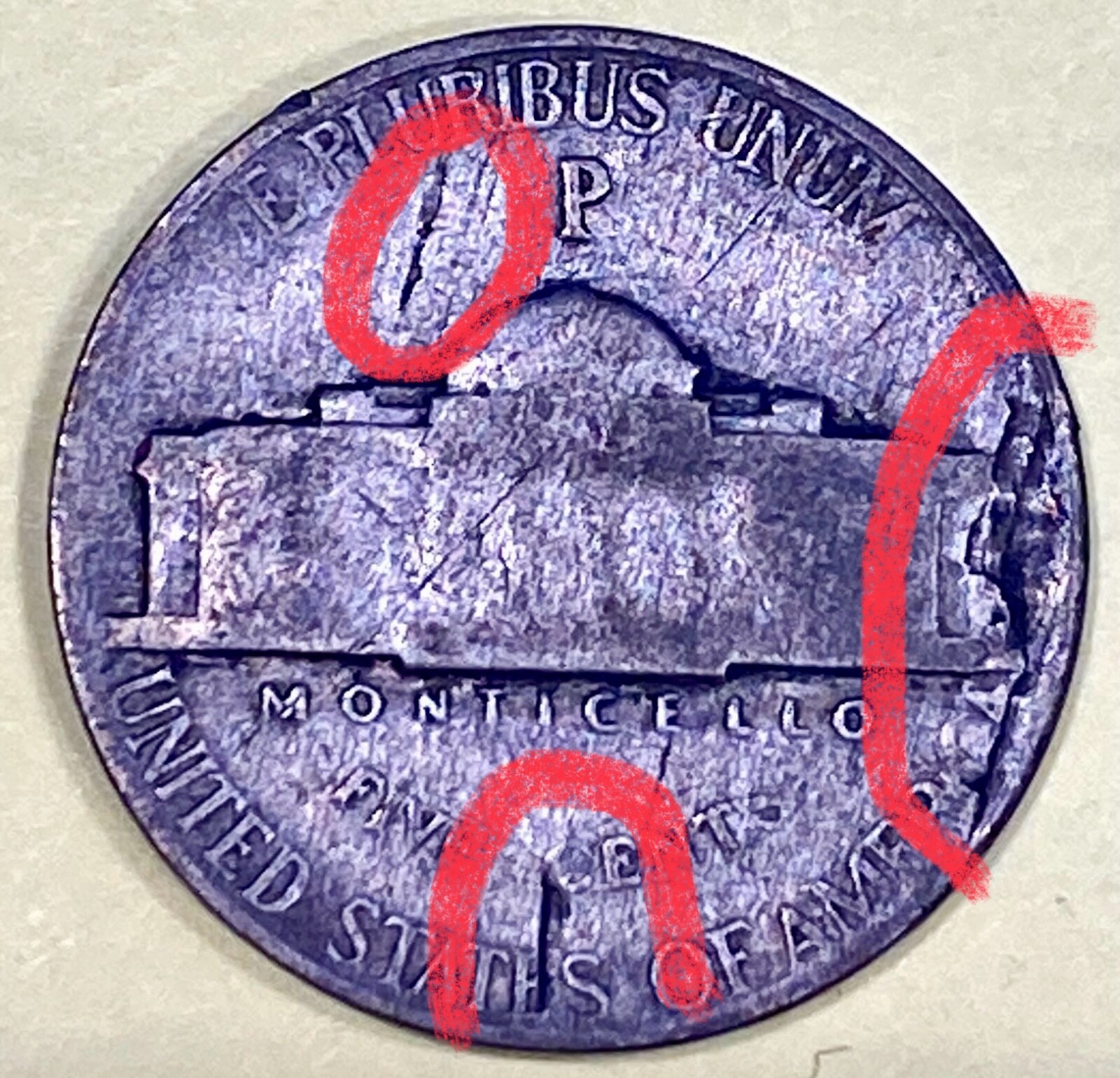 1943 P Jefferson Silver War Nickel With A Lamination/Die Break Error