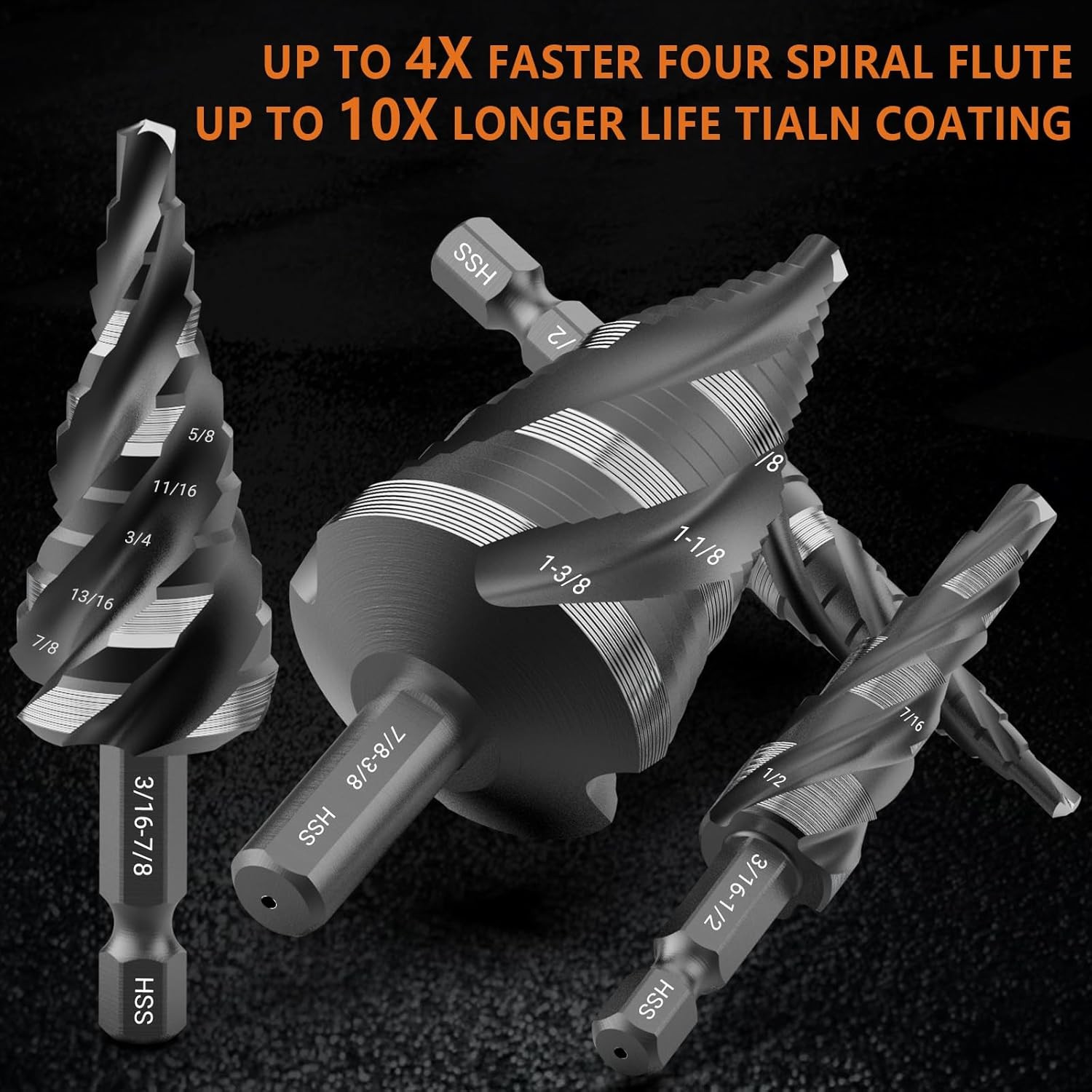 MABLEVI 5 Pcs Four Spiral Flute Step Drill Bit Set, 1/8"-1-3/8" HSS Unibit...