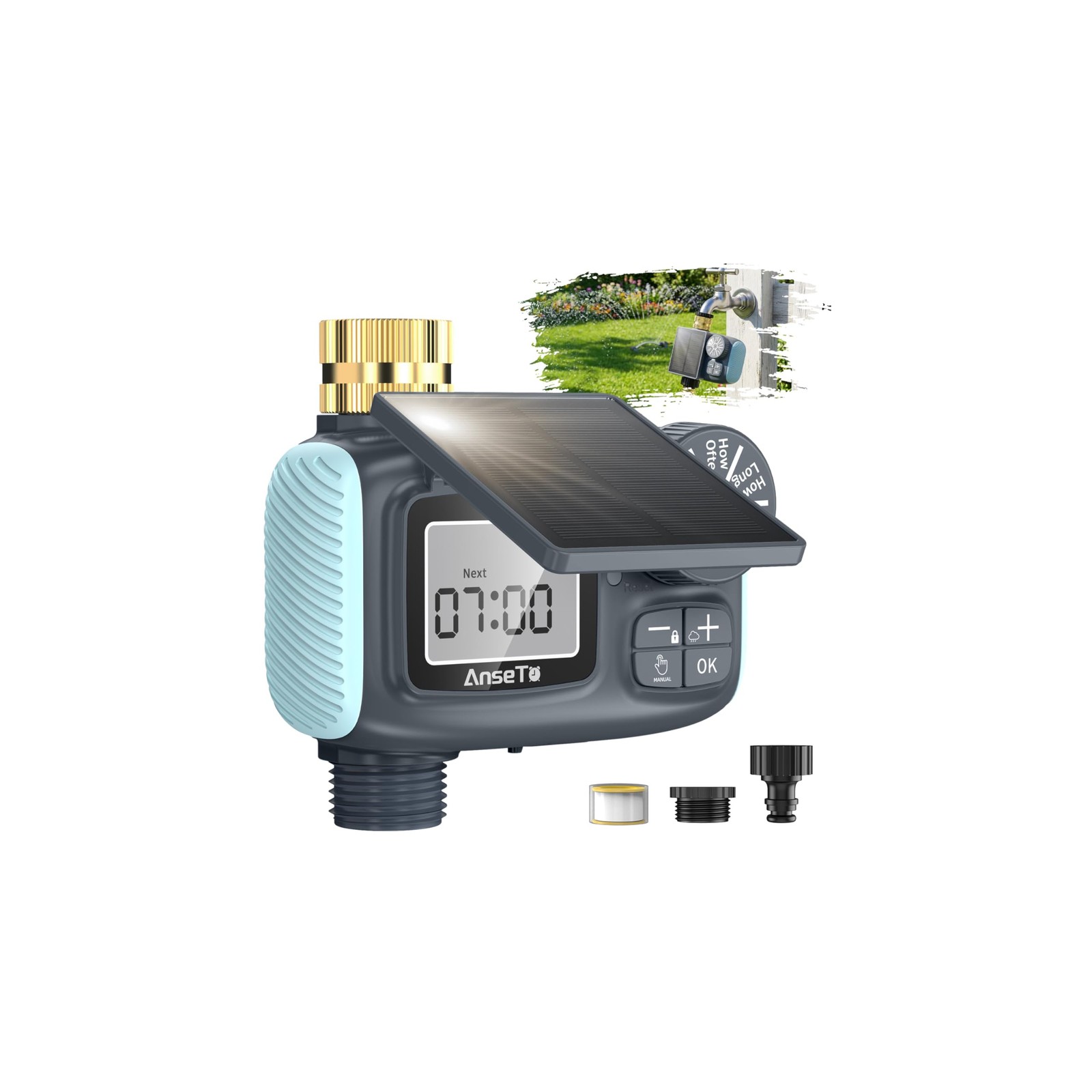 Solar Sprinkler Timer, Type~C Rechargeable, Programmable Faucet Controller