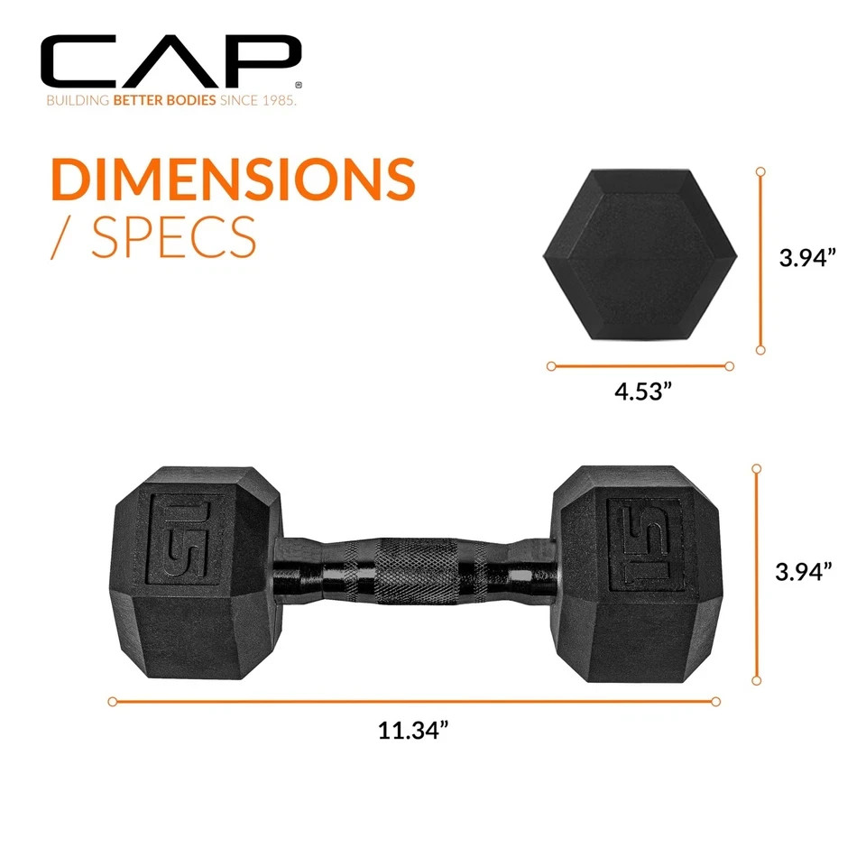 15 LB Rubber Coated Hex Dumbbell Hand Weight Single | Black Handle