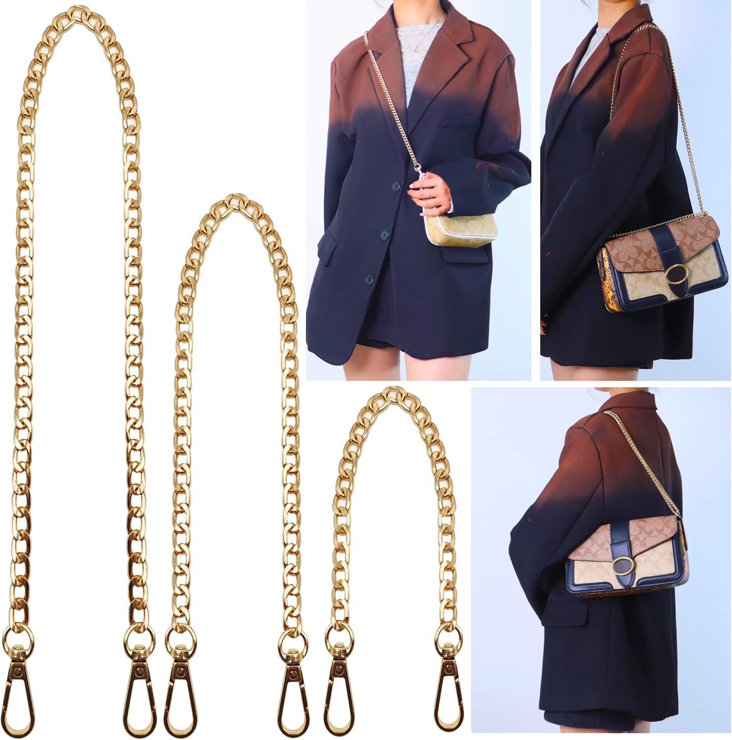 3 Pack Gold Metal Chains for Purse Strap Wallet Bag Chain Replacement (16",36",4