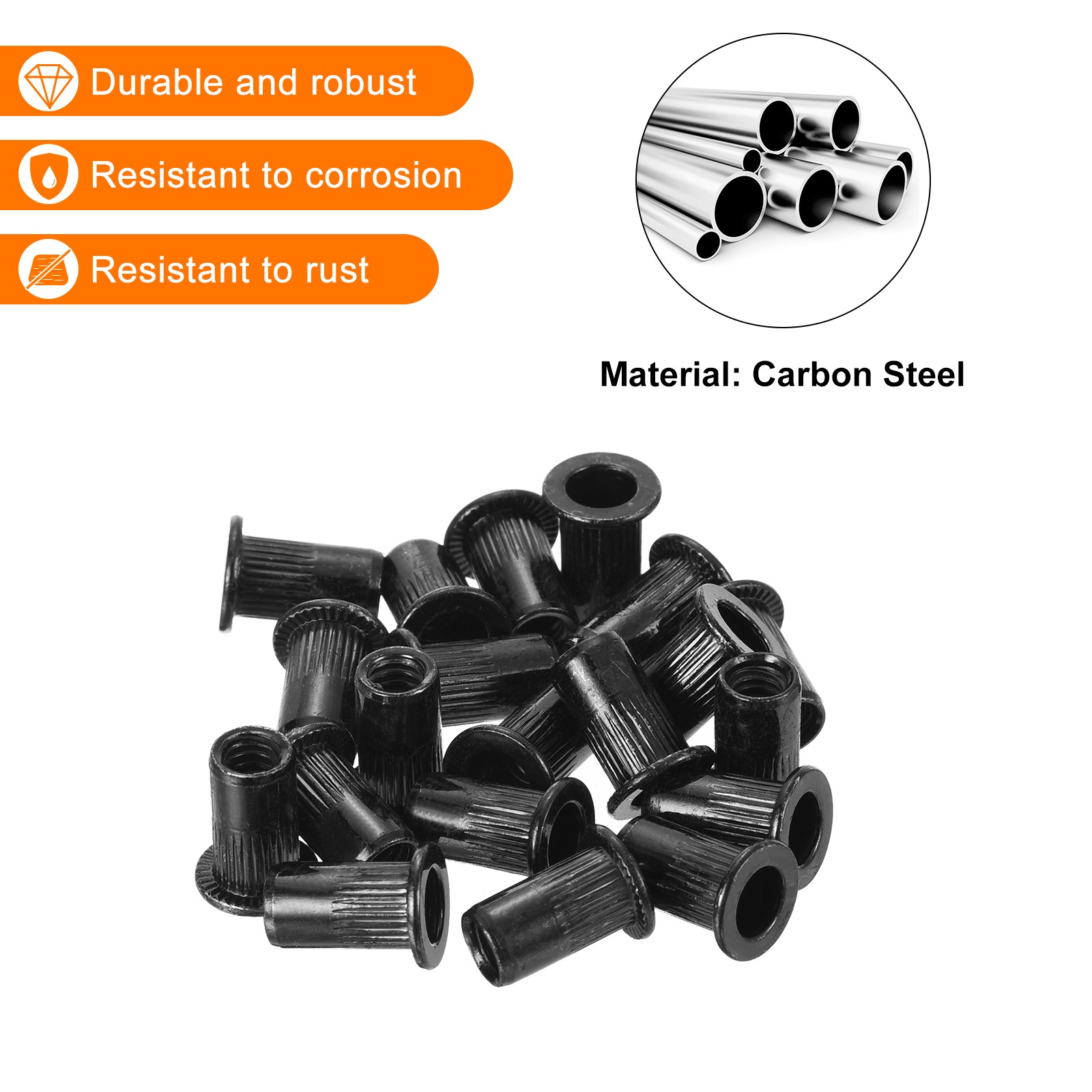 50Pcs Rivet Nuts Flat Head, #10-24 Carbon Steel Thread