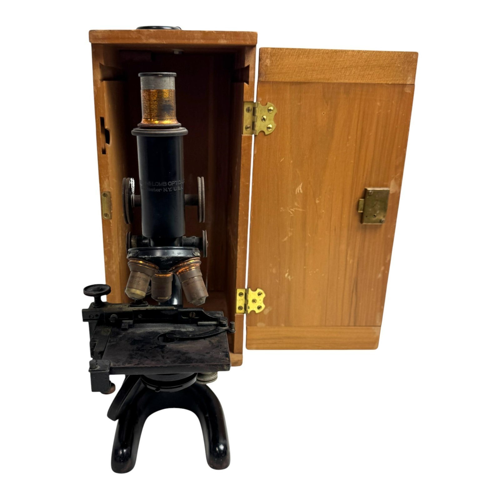Antique Bausch & Lomb Optical Co. Microscope w/ Wooden Box no Key - Sold As Is