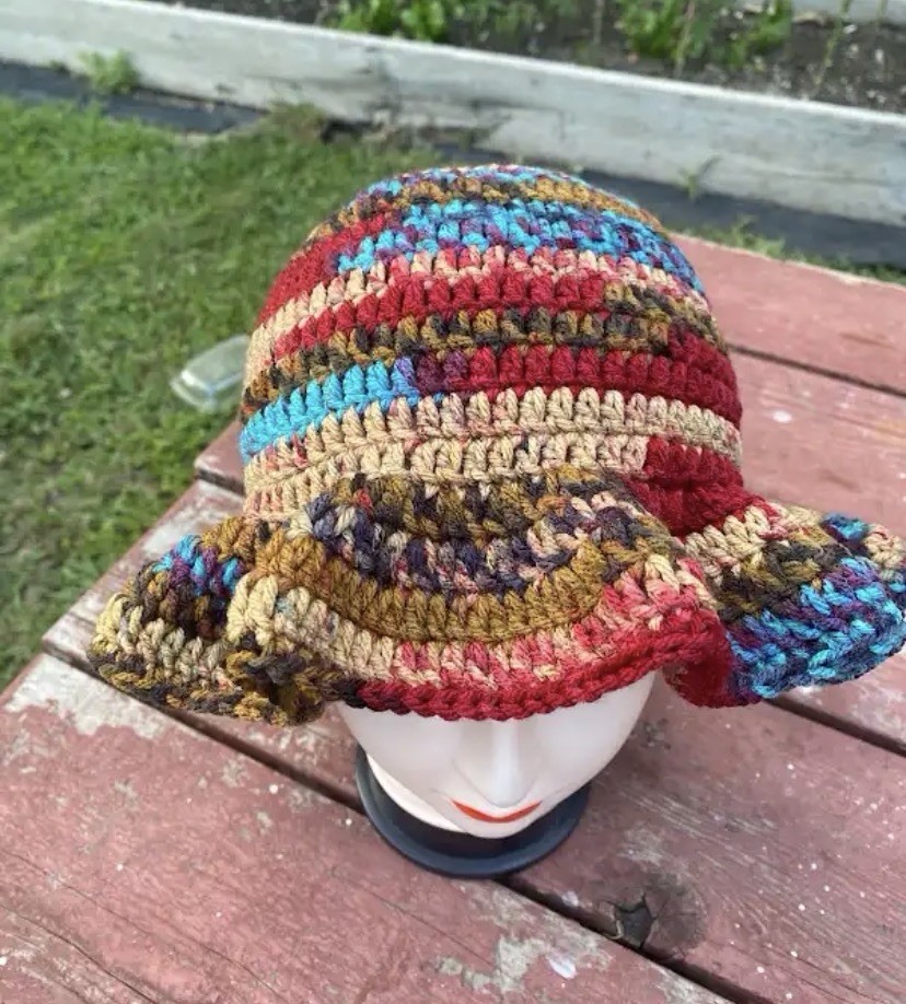 Handmade Crocheted Bucket Hat Multicolor Striped Ruffle Brim