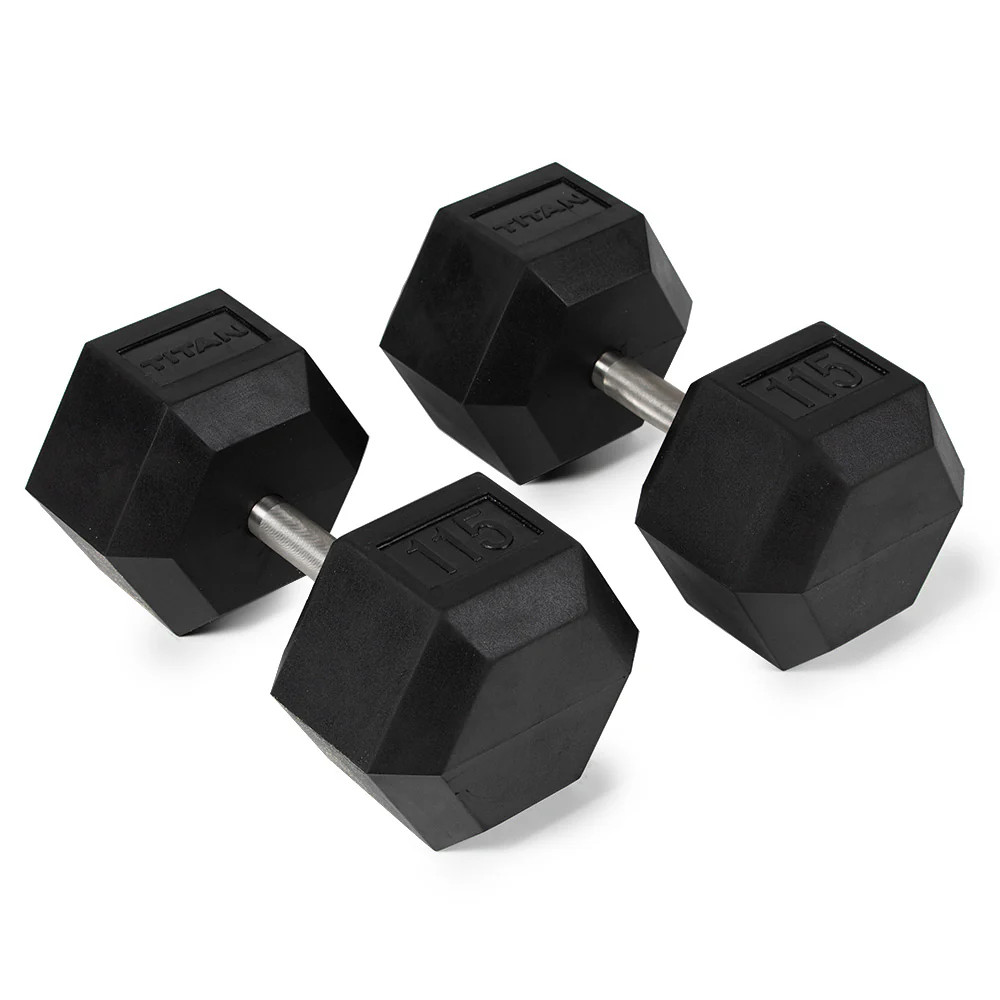 Titan Fitness 115 LB Pair Free Weights, Black Rubber Coated Hex Dumbbell, Straig