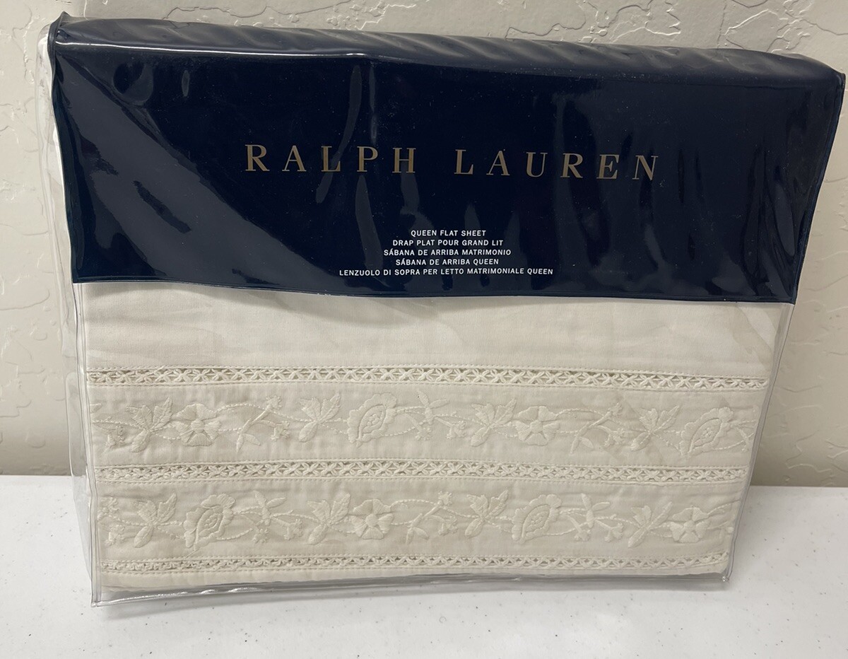 Ralph Lauren Cream Ivory Half Moon Bay  Queen Flat Sheet Embroidered Cotton New
