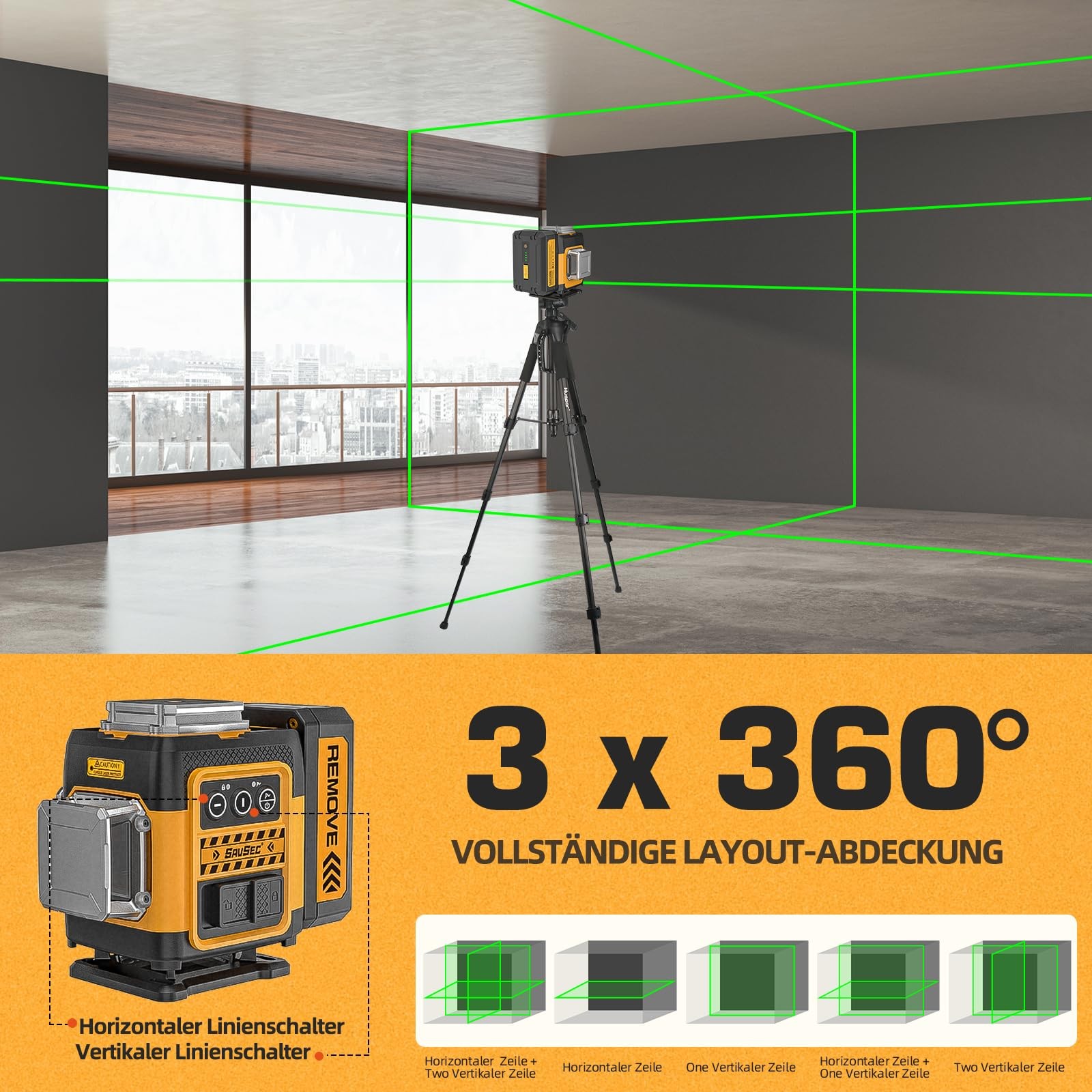 Laser Level 360 Self Leveling, 3 x 360 Self-Leveling Cross Line Green