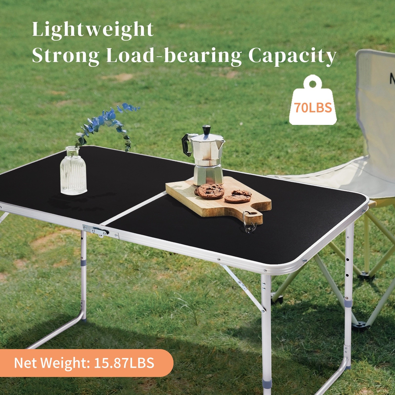 Folding Camping Table 4ft - Adjustable Patio Aluminum Frame Outdoor Picnic Black