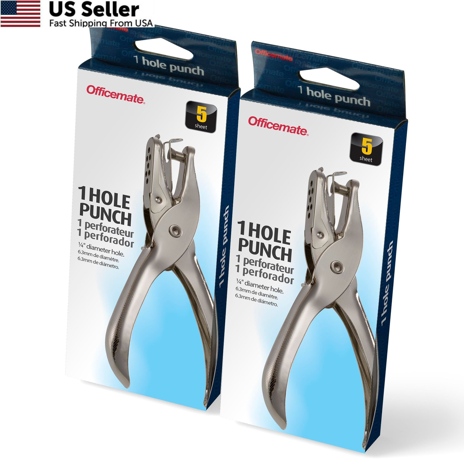1 Hole Punch, 5 Sheet Capacity, Comes in 2 Pack, Silver (90073) 2