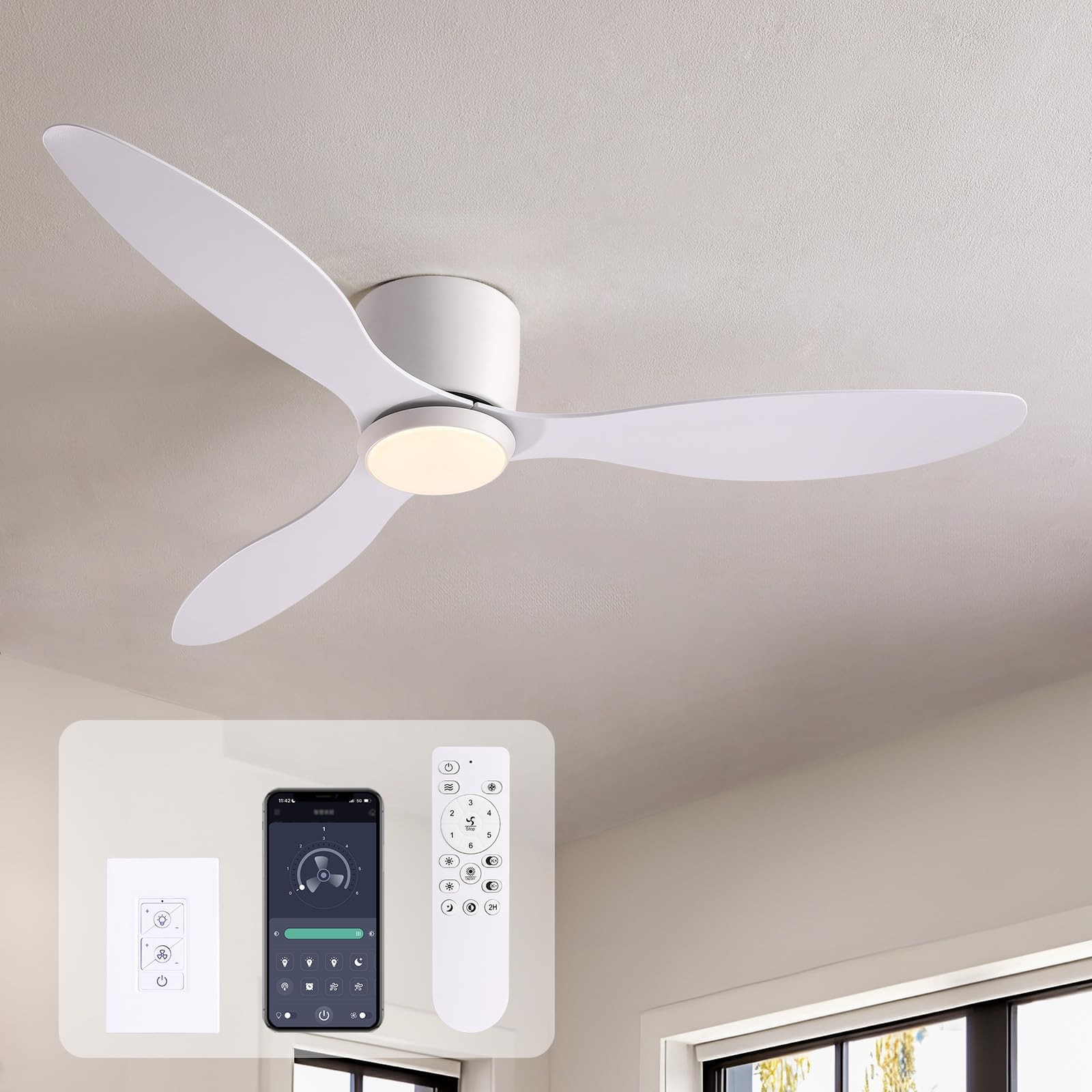 Ceiling Fans with Lights,52 Inch Low Profile Ceiling Fan with Wall Control an...