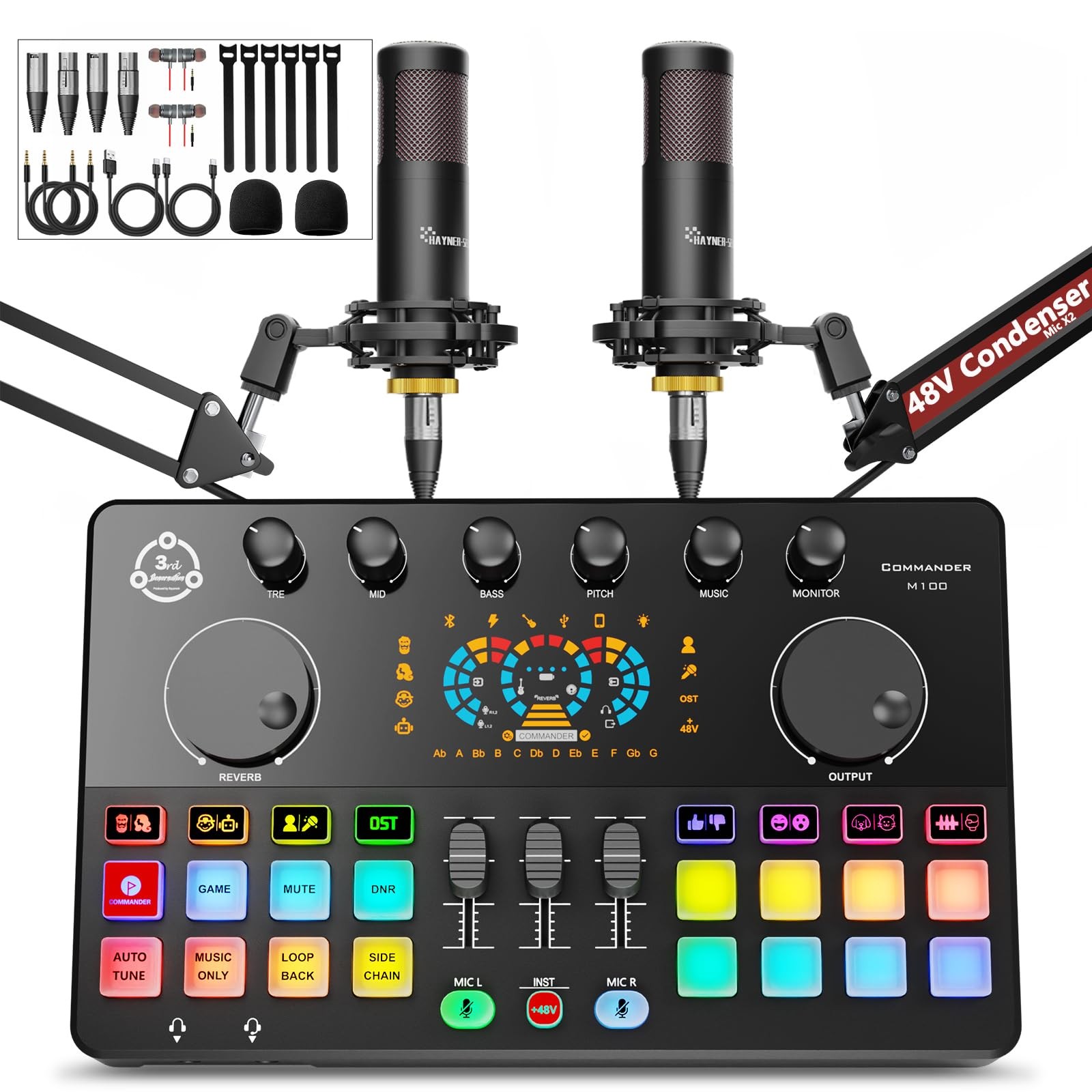 Podcast Equipment Bundle for 2, Audio Interface DJ Mixer with 48V HS-M100-2X