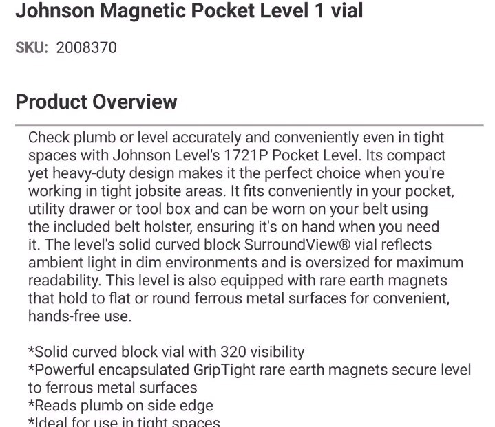 Magnetic Pocket Level Johnson Level & Tool MFG