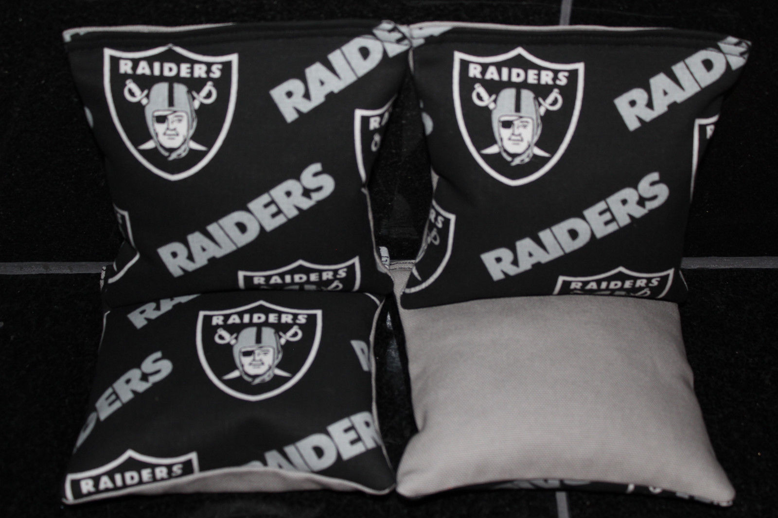 4 All Weather CORNHOLE BEANBAGS made w OAKLAND RAIDERS Fabric