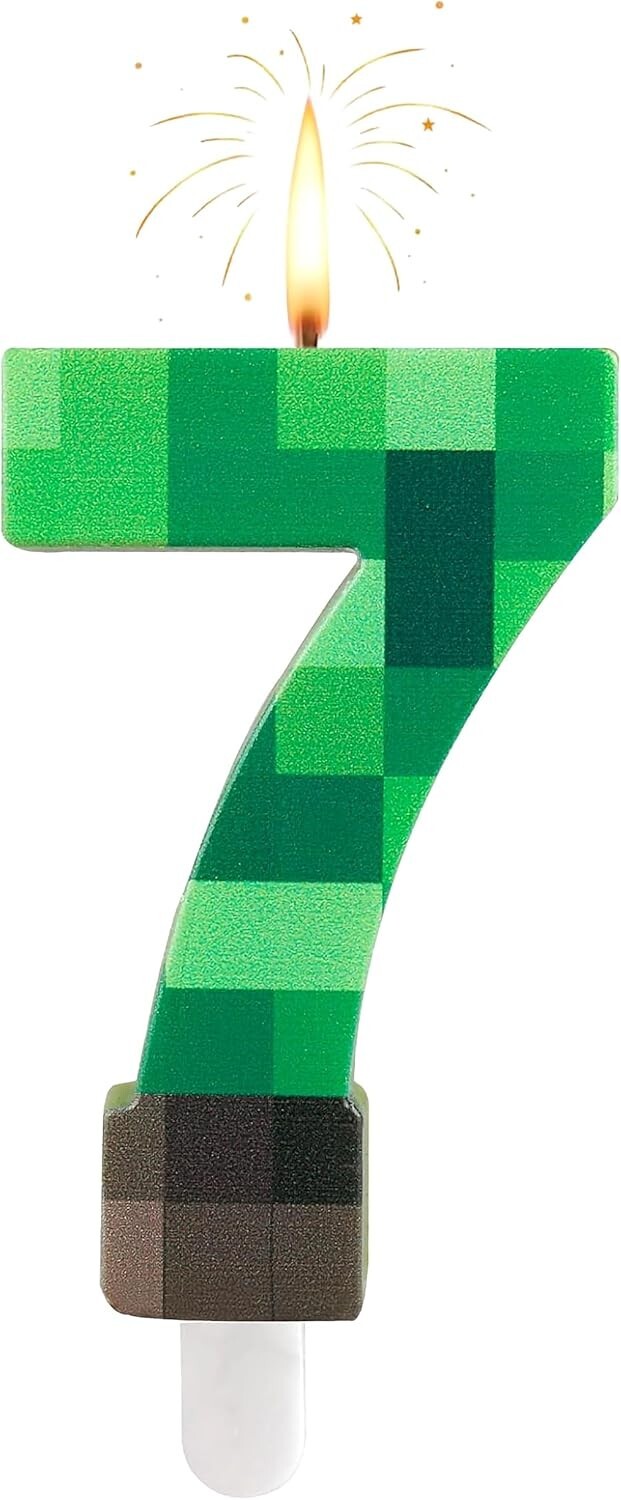 Number 7 Dynamite Block Themed Birthday Candles, 7Th Green Block Cake Toppers, P