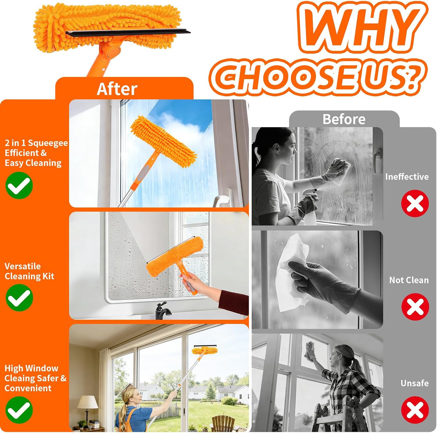 67" Squeegee Window Cleaner, 2 in 1 Professional Window Cleaning Tool Kit