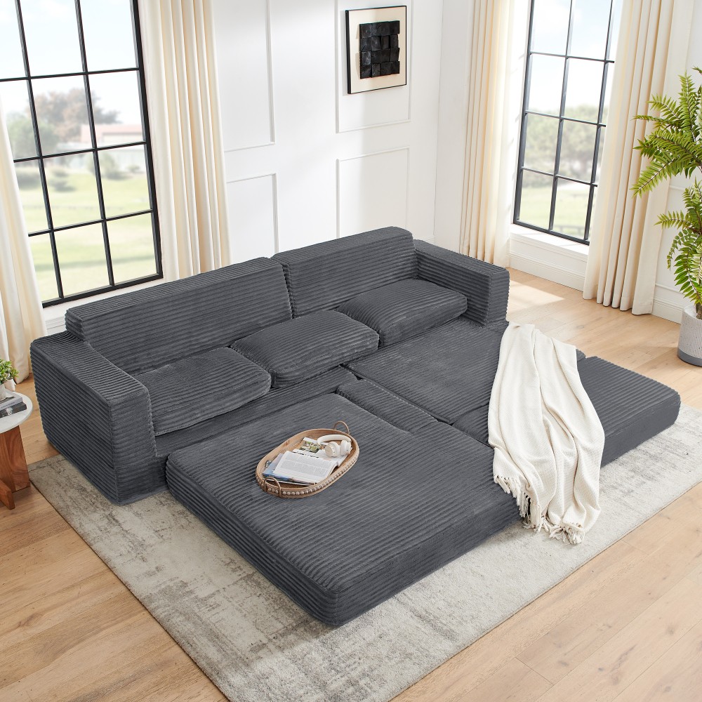 L-Shaped Gray Corduroy Sectional Sofa Converts to Queen Bed