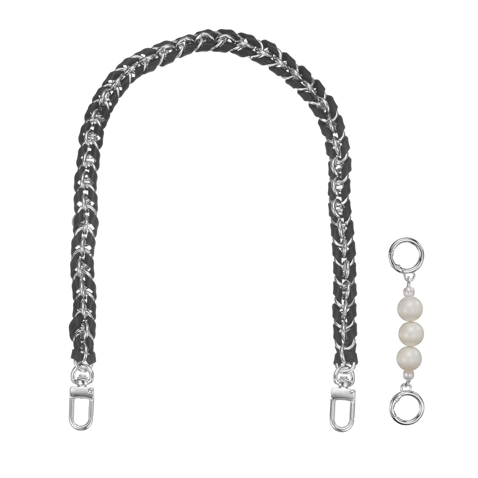 1 Set 23.6 Inch Leather Purse Chain Strap with Extension Chain, Silver Black