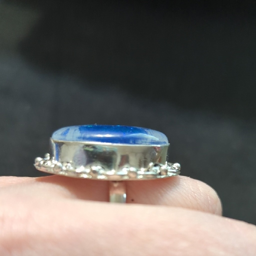 Silver Plated Blue Australian Triplet Opal Gemstone Statement Ring - Size 8.5