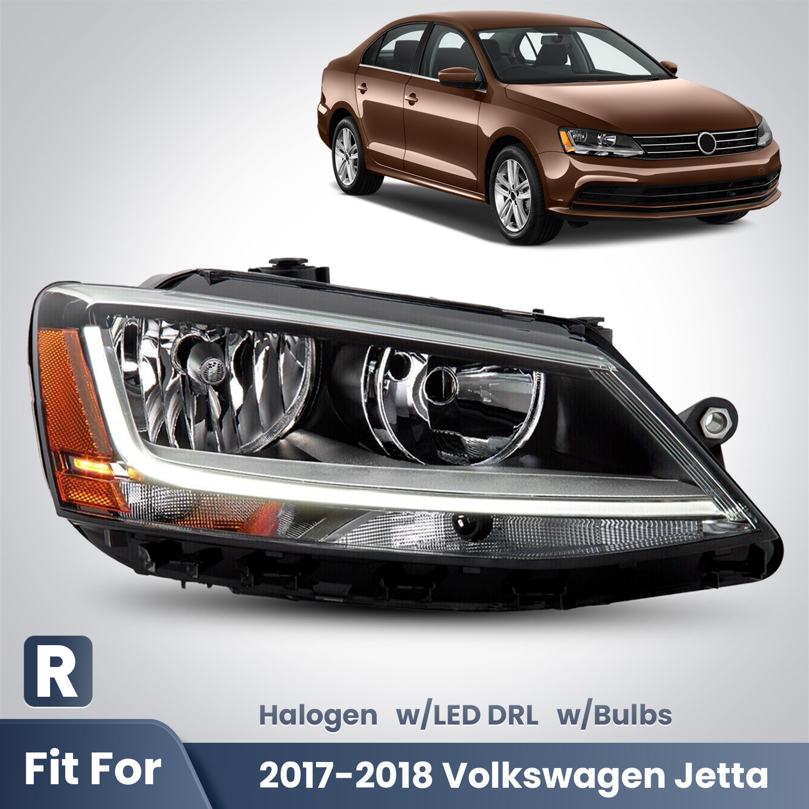 For 2017-2018 Volkswagen Jetta Halogen w/LED DRL Headlight Passenger Side