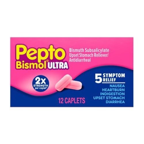 Pepto Bismol Ultra Stomach Anti-Diarrheal 5 Symptoms Relief Caplets 12 Counts