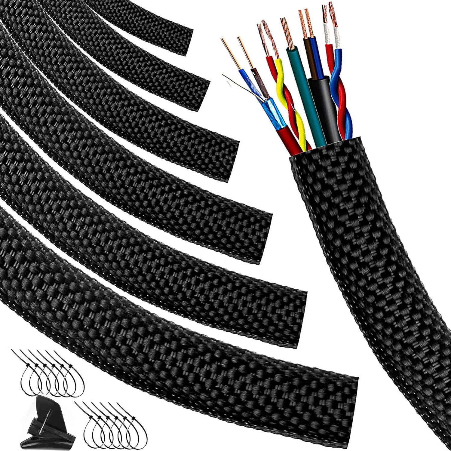 Black Self Wrapping Braided Split Wire Loom Cable Sleeve Harness Management Lot