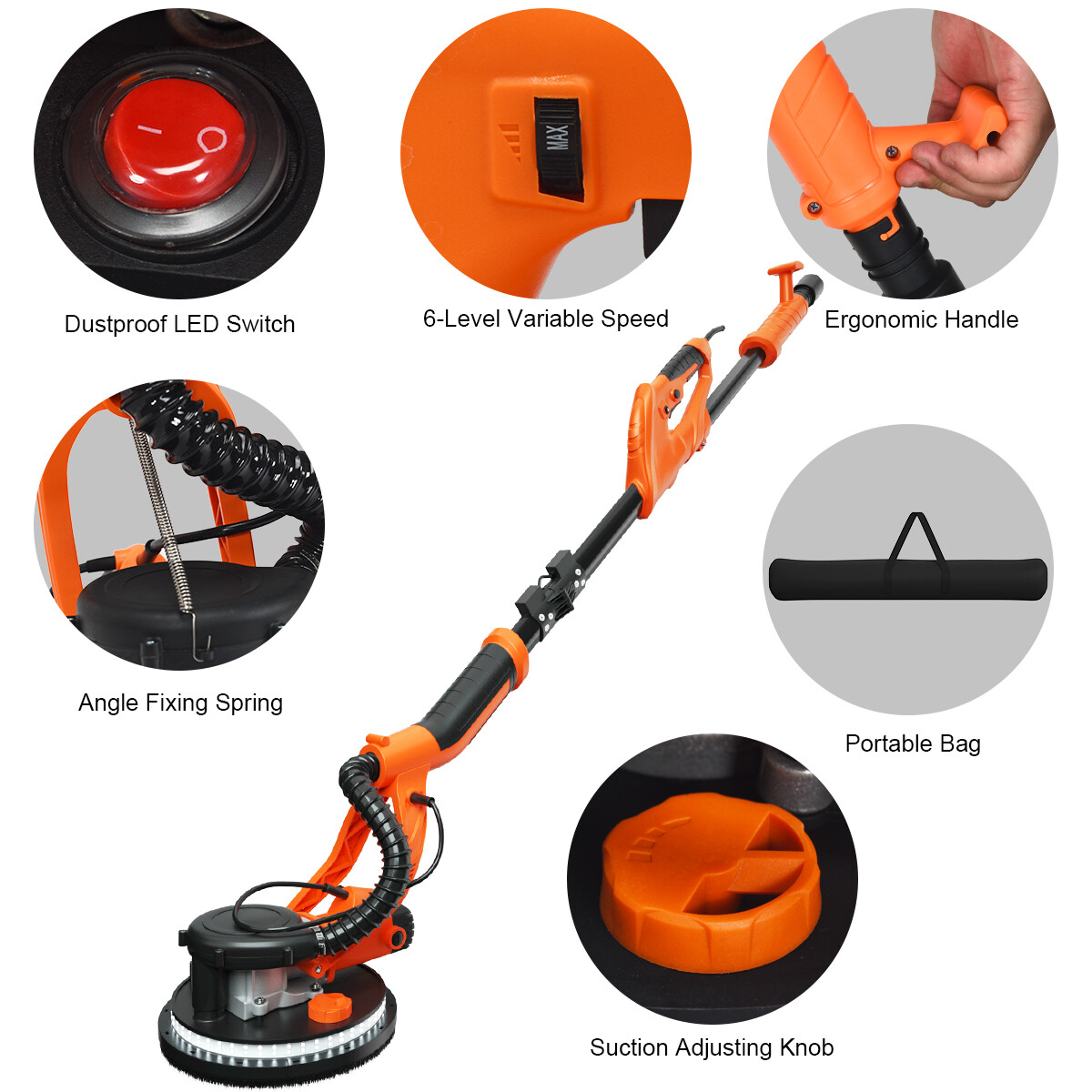 Electric Foldable Drywall Sander 750W Variable Speed w/Automatic Vacuum & Lights