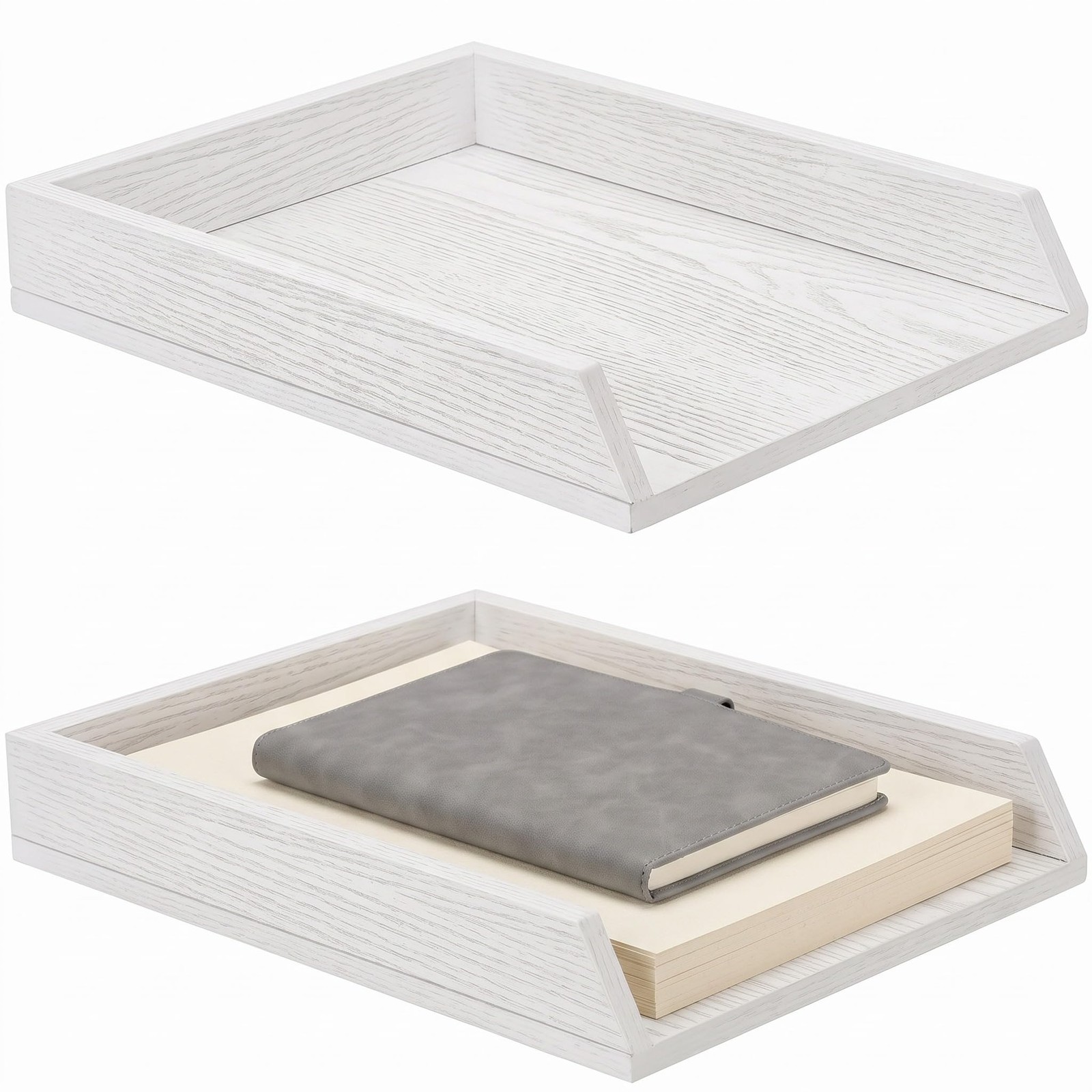 2 PCS White Wooden Letter Trays 2 Tier Desktop Paper Organizer Desk Document