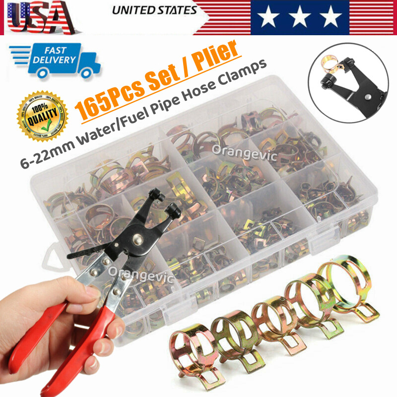 165Pcs 6-22mm Hose Spring Clamp / Plier Fuel/Water Pipe Air Tube Clips Fasteners