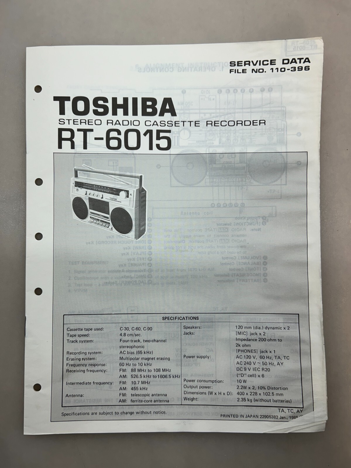 Toshiba RT-6015 Original Service Manual Free Shipping