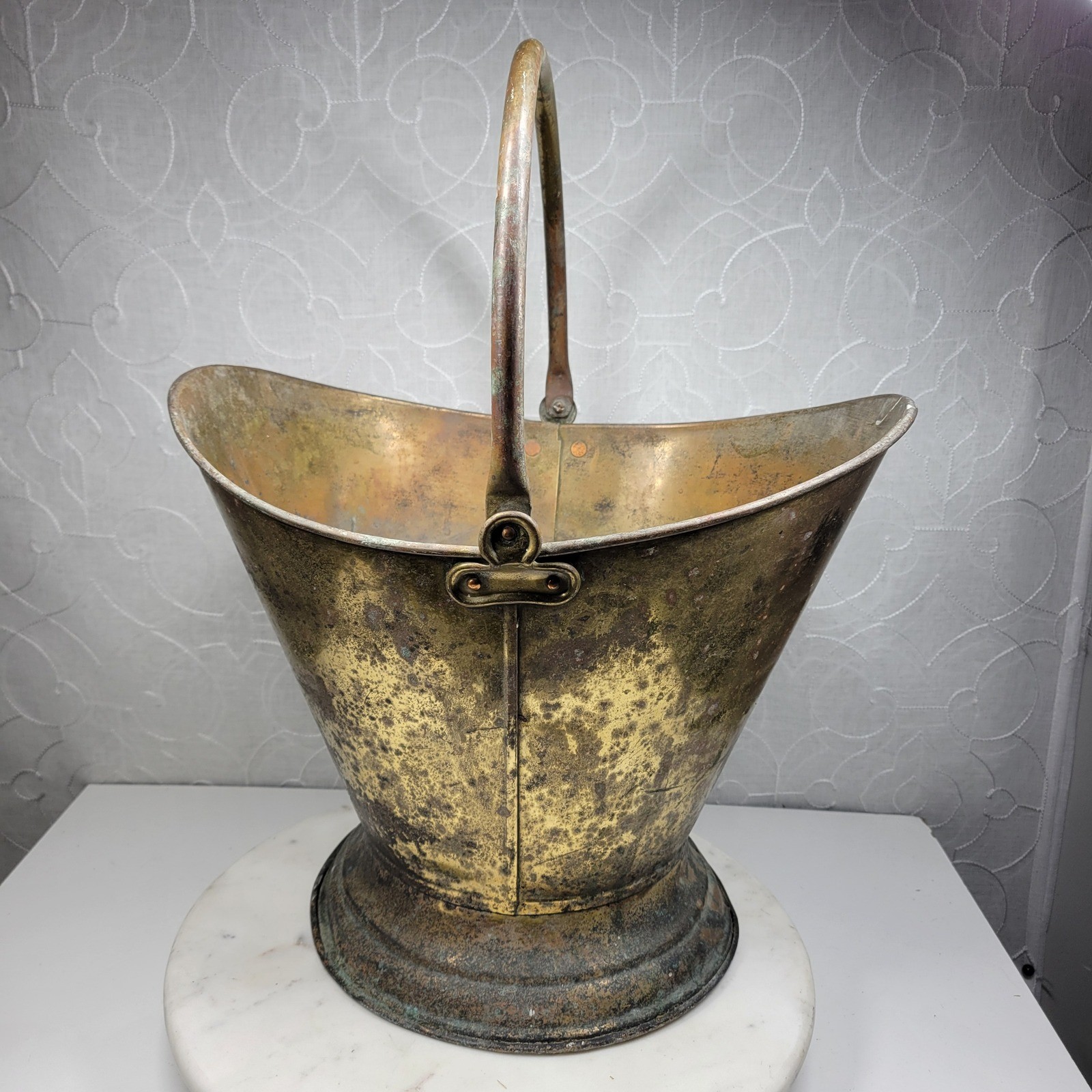 Vintage Brass Coal Scuttle Fireplace Bucket Handle Wood Holder Rustic Patina