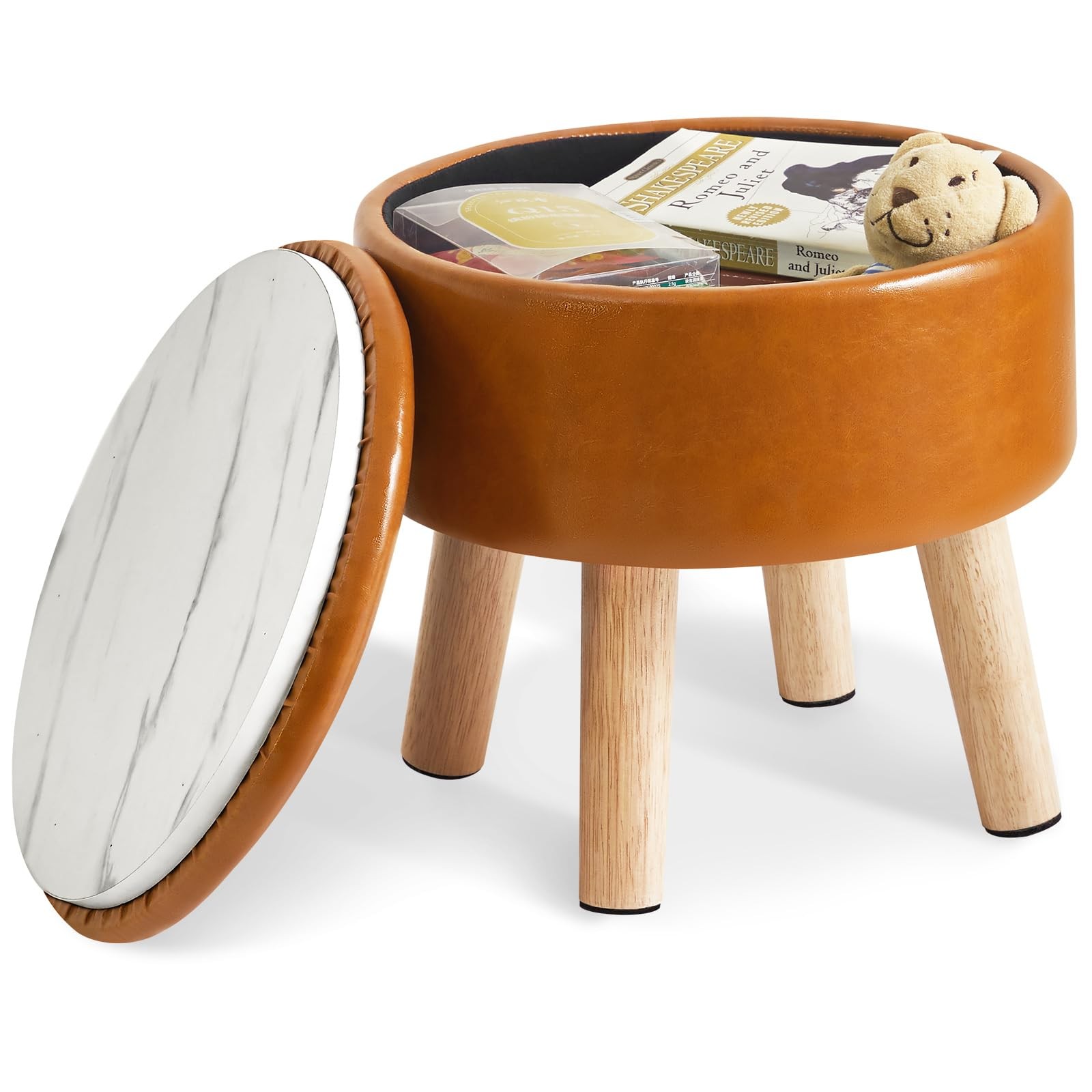 IBUYKE 13 Inch Foot Stool Ottoman with Storage, Round Small Foot Rest with Padde
