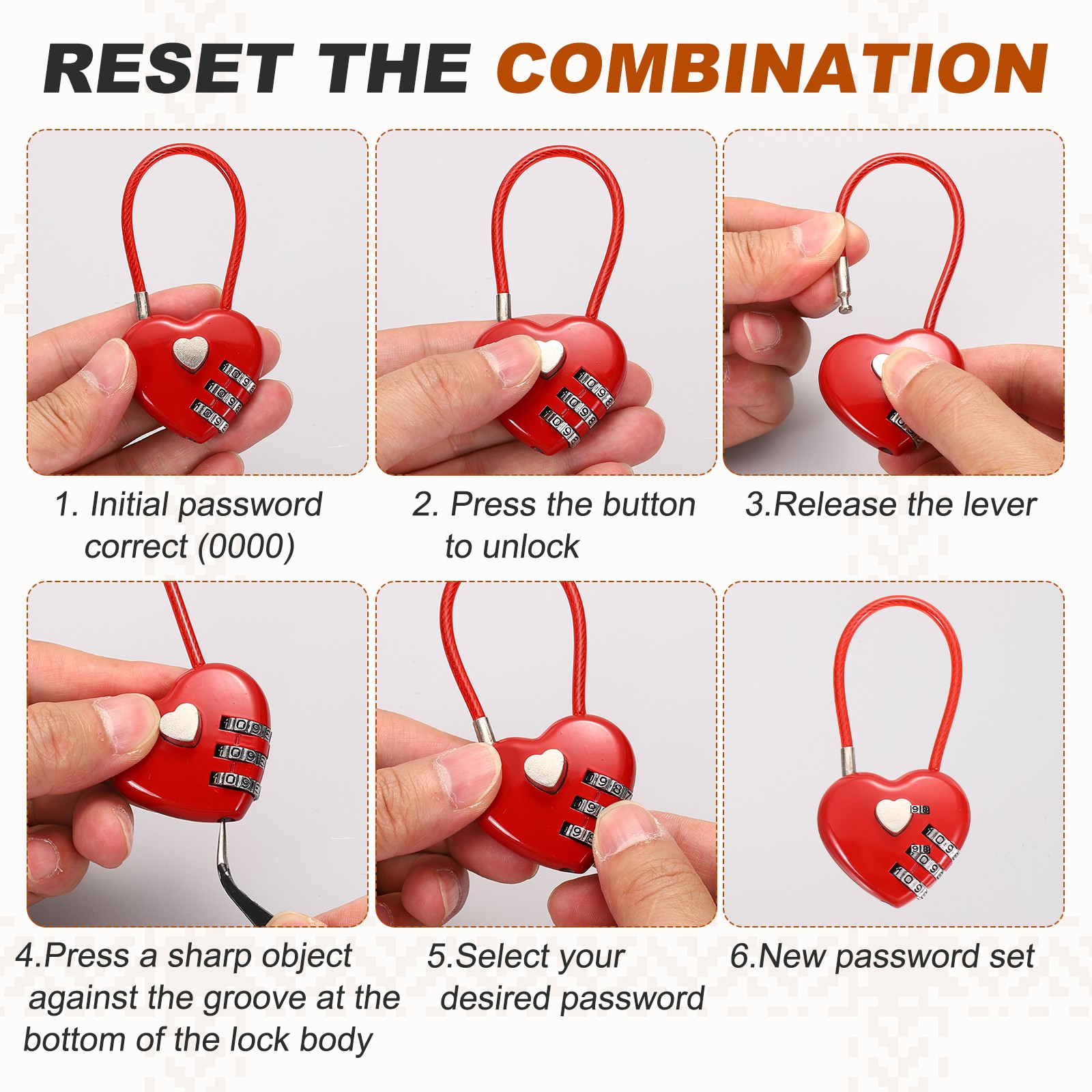 Combination Padlock (7.9 Inch, White)(2 Pcs), 3-Digit Heart Shaped Combo Padlock