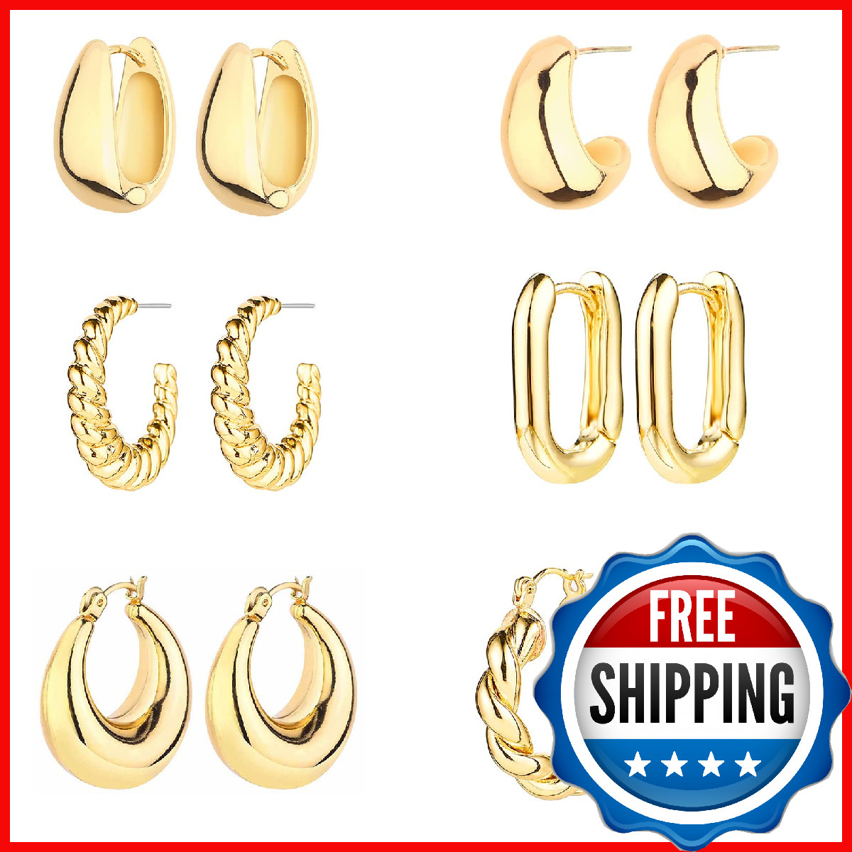 6 Pairs 14K Gold Plated Hoop Earrings for Women Lightweight Chunky Hoop Earrings