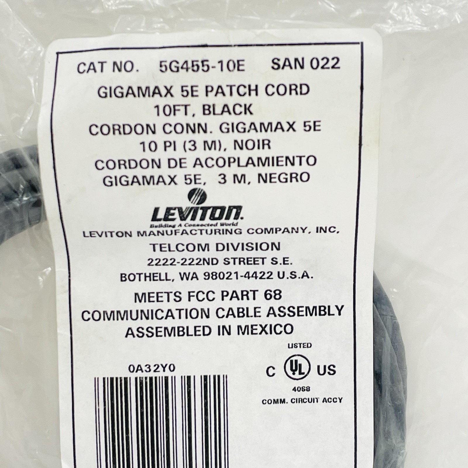 Leviton 5G455-10E Gigamax 5G Patch Cord 10FT Black ~NEW~