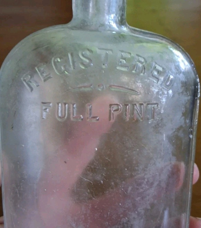 Glass Bottle Clear Glass Embossed REGISTERED FULL PINT Vintage 8x4 Inches