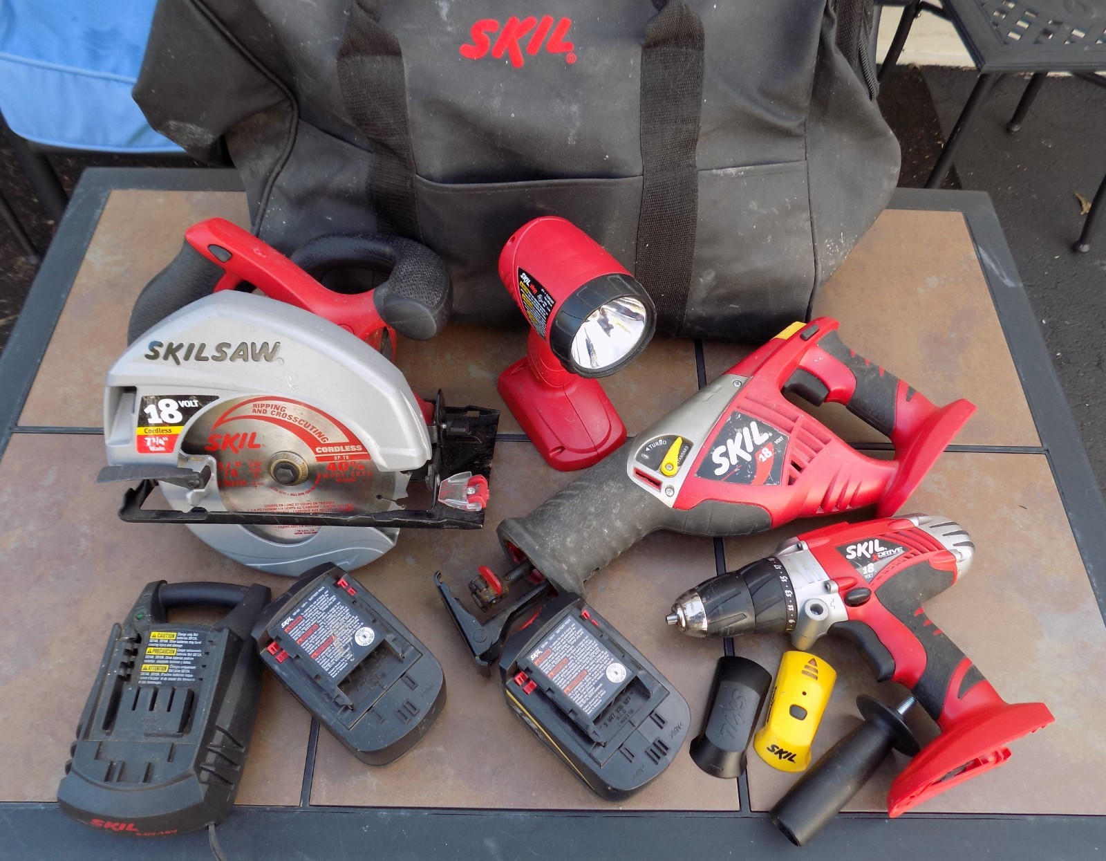 SKIL Cordless Power Tool Lot w/ X-Drive Drill Skilsaw Rip Saw Batteries Charger