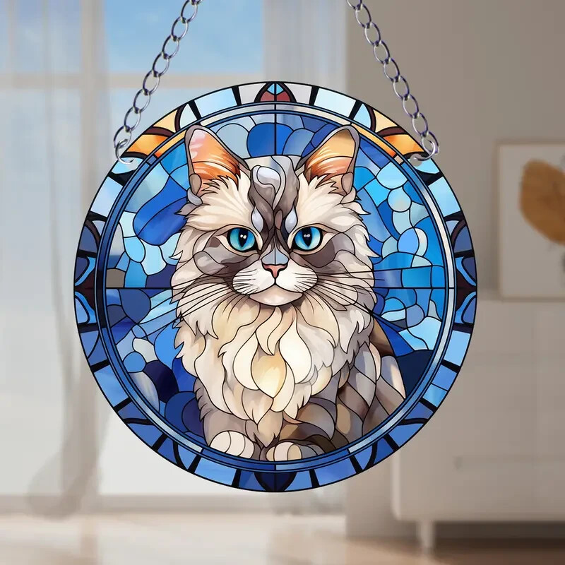 White Cat Suncatcher Double Sided Round Acrylic Wall Art Decor