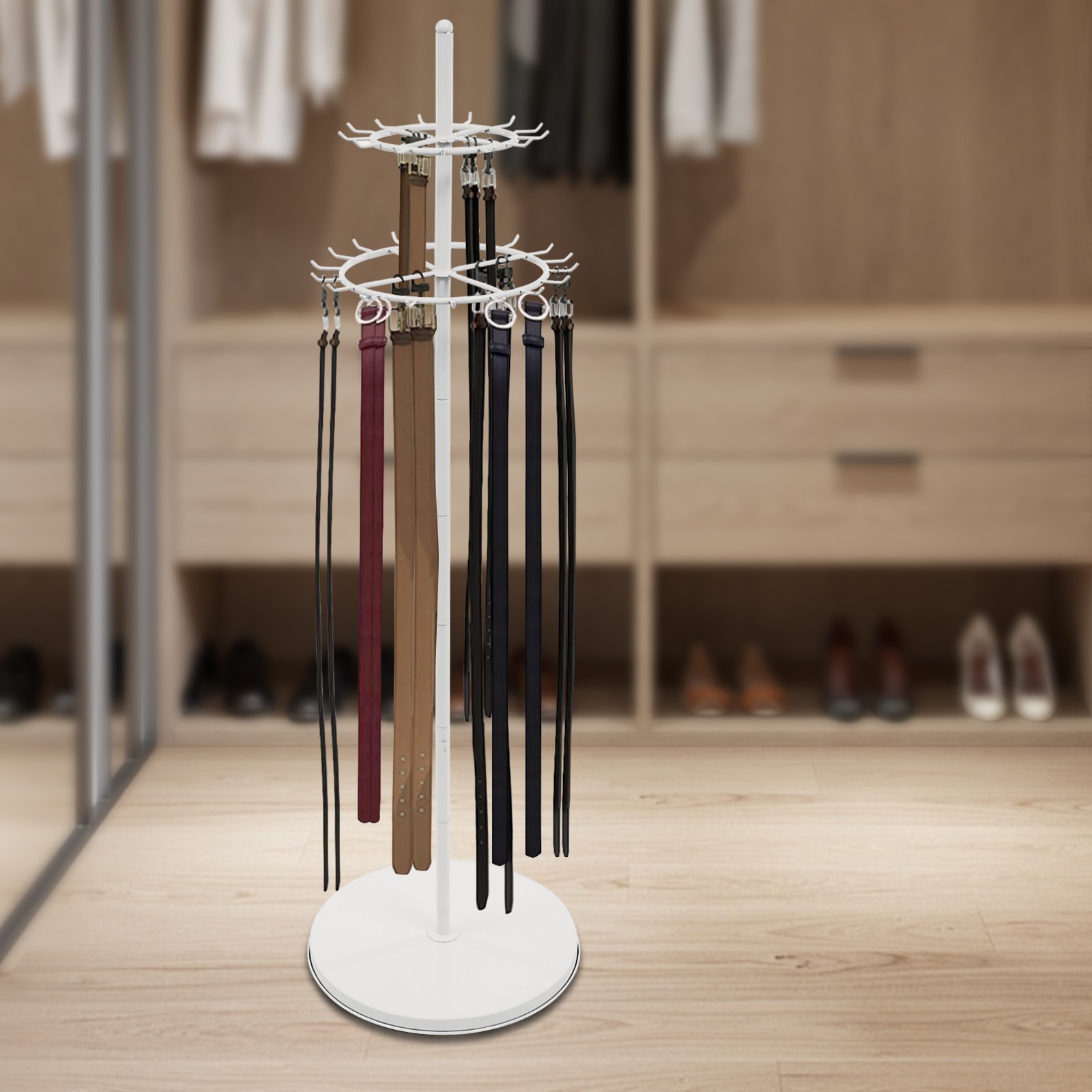 2-tier Tie Rack Floor Stand Belt Hanger Display Shelf 31 Hooks Adjustable Feet