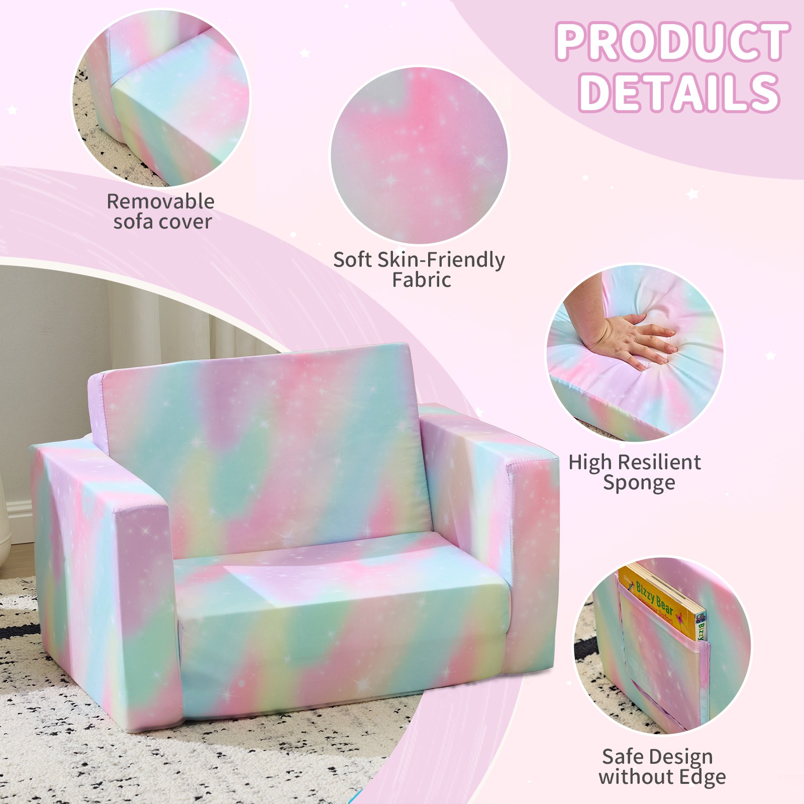 Kids Foldable All-Sponge Sofa Bed, Spray-Print Slant Peach Fabric Chaise Lounge